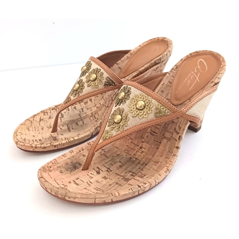 Arturo Chang Bria Jeweled Leather Thong Sandal Cork Heel Sz 7